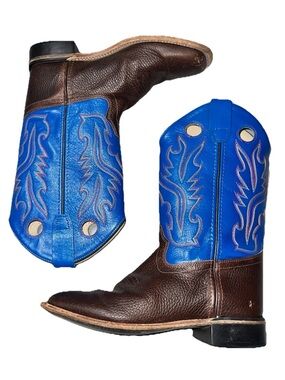 Old West Boys Big Kid Sz 5 Embroidered Cowboy Boots Western BrownBlue Square Toe